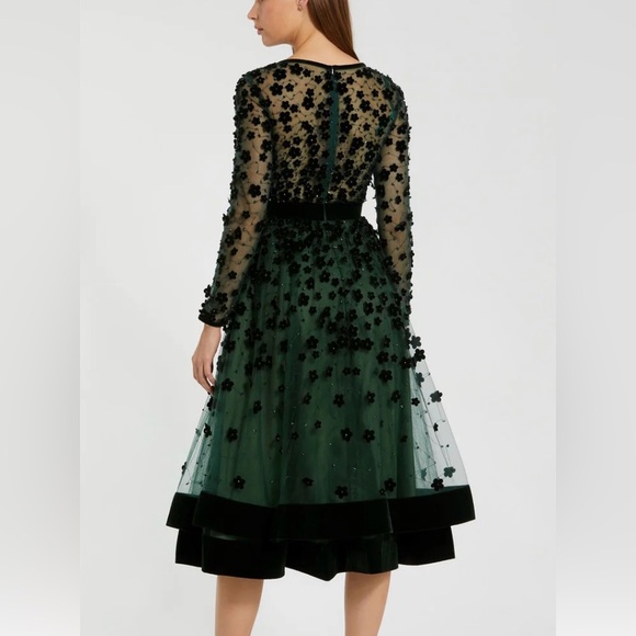 NWT Green Embellished Illusion High Neck Long Sleeve Fit & Flare Dress - Picture 3 of 3